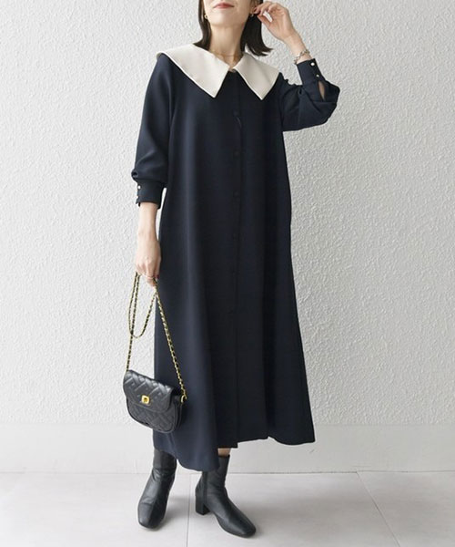 【SHIPS】《追加予約》SHIPS any: 〈洗濯機可能〉ダブルクロス チェルシー ワンピース［NAVY BLUE］