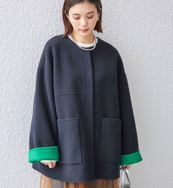 【SHIPS/シップス】SUPER140 配色 リバーシブル ノーカラー コート◇